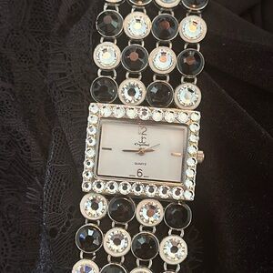 JC Black & Clear Crystal Embellishment Silver tone Metal Watch